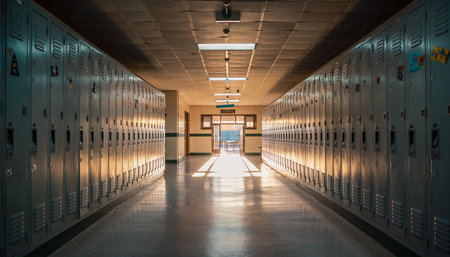 An empty school hallway lined with grey metal lockers, with sunlight streaming through distant windows casting long shadows.の素材