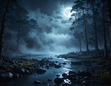 A full moon shines through clouds over a foggy forest river, highlighting bare, ancient trees and a rocky shoreline.の素材