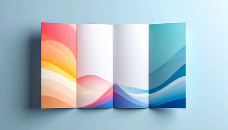 A four-panel brochure mockup with blank white pages, featuring vibrant abstract wave designs in orange, pink, blue, and teal color palettes.の素材