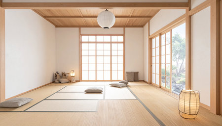 A Japanese-style room featuring tatami mats, floor cushions, paper lanterns, and large windows offering a view of a garden.の素材