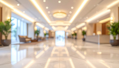 Light showing long blurred hotel corridor with ambient lighting and plants keywords: hotel, lobby, interior, blurred, out of focus, bokeh, corridor,...の素材