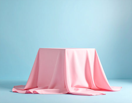 A square pedestal is completely covered by flowing pink fabric, set against a soft blue gradient studio background.の素材