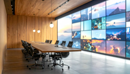 A modern conference room features warm wood paneling, a long table with chairs, and a striking wall composed of multiple screens displaying various...の素材