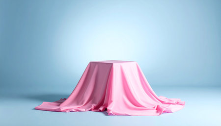 A square pedestal is completely covered by flowing pink fabric, set against a soft blue gradient studio background.の素材