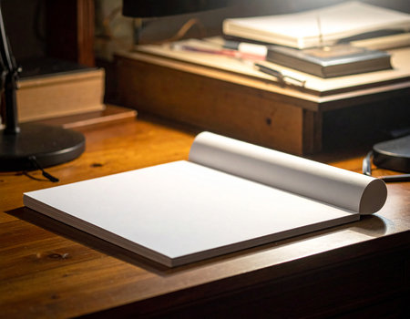 An open notepad with a rolled page sits on a wooden desk, illuminated by a desk lamp. Clear details and vibrant colors enhance visual appeal.の素材
