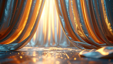 Shimmering stage curtains in gold and silver are lit by a bright spotlight, with sparkling confetti on the floor.の素材