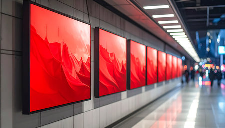 A long hallway with a row of framed digital screens displaying vibrant red abstract art, with blurred figures of people in the distance.の素材