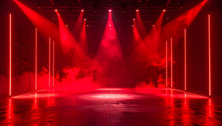 A dark stage is illuminated by intense red spotlights and vertical neon lights, with thick smoke creating a dramatic and energetic atmosphere.の素材