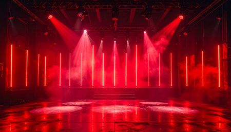 A performance stage is illuminated with red neon lights, smoke, and spotlights, creating a dramatic and vibrant atmosphere.の素材