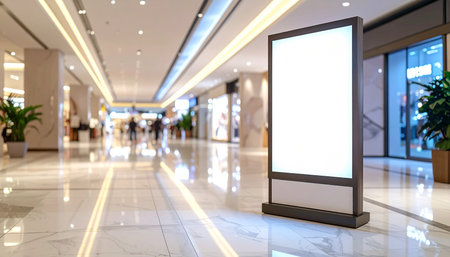 A tall blank digital advertising panel is placed in a spacious shopping mall walkway, with blurred shoppers and storefronts in the background.の素材