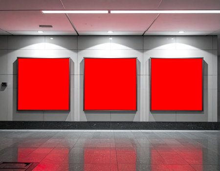 Three large square blank red digital screens are mounted on a tiled wall in a public indoor space, ready for content.の素材
