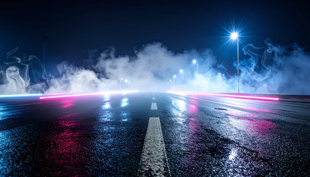 A wet asphalt road at night is illuminated by streetlights and streaks of neon light, with fog creating a dramatic atmosphere.の素材