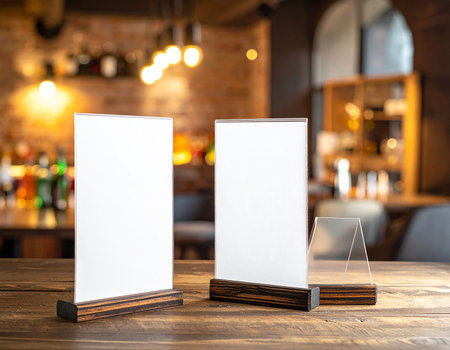 Two blank white menu stands are placed on a wooden table in a restaurant, with a blurred bar and seating area behind them.の素材