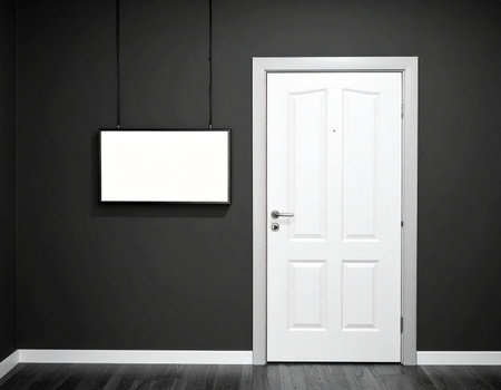 A white paneled interior door is set against a dark gray wall with a blank framed picture and a dark wood floor.の素材