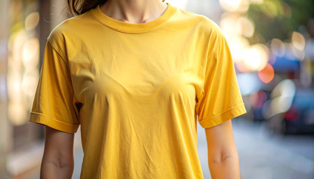 Close-up of a woman wearing a plain yellow short-sleeved t-shirt with a blurred outdoor street background.の素材