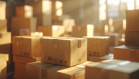 Cardboard boxes stacked in a warehouse, bathed in warm sunlight with visible dust particles and bokeh.の素材