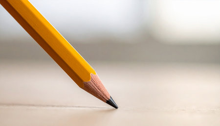 Extreme close-up of a sharpened yellow pencil tip angled downwards, about to make contact with a light, textured surface.の素材
