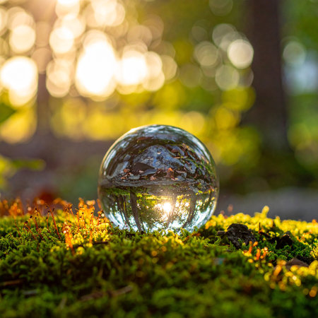 A glass sphere reflects a sunlit forest scene on mossy ground with bokeh lights. Clear details and vibrant col...の素材