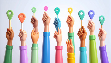 Symbol showing diverse cartoon hands holding colorful location pin icons on white background keywords: hands,...の素材