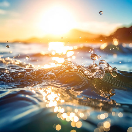 A dynamic ocean wave with bubbles and water droplets catches the golden hour sunrise light, close up.の素材