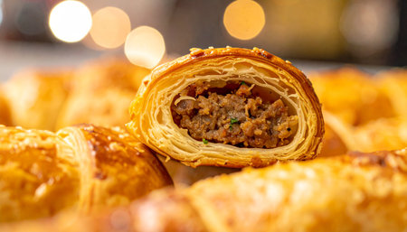 A close-up view of a golden-brown sausage roll cut in half, revealing the savory meat filling and flaky pastry.の素材