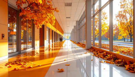 Autumn leaves are scattered across a shiny floor in a modern hallway with large windows showing trees.の素材
