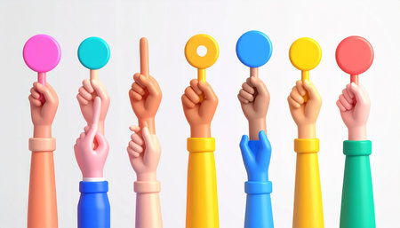 Diverse cartoon hands hold colorful circular and stick-like objects against a light blue background.の素材