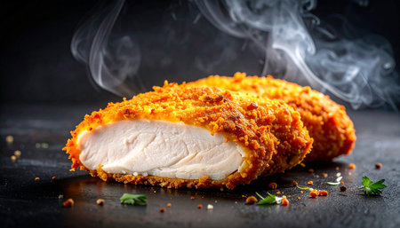 Snack showing crispy breaded chicken breast cut in half with steam rising against a dark background keywords: chicken, breast, fried, breaded,...の素材