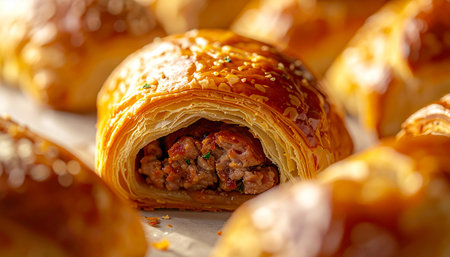 Flaky showing delicious sausage rolls with golden flaky pastry and savory meat filling keywords: sausage roll, pastry, baked, food, savory, meat,...の素材