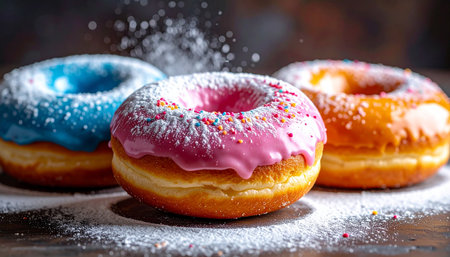 Donuts with icing and sprinkles on wooden background, selective focusの素材