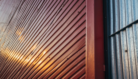 Red corrugated metal siding with a silver corrugated metal door, showcasing a ribbed texture.の素材