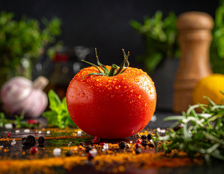A glistening red tomato with water droplets, placed amongst spices, garlic, herbs, and a lemon on a dark surface.の素材