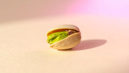 A single pistachio nut with a bright green kernel peeking from its open shell sits on a smooth surface against a soft pink and cream gradient...の素材