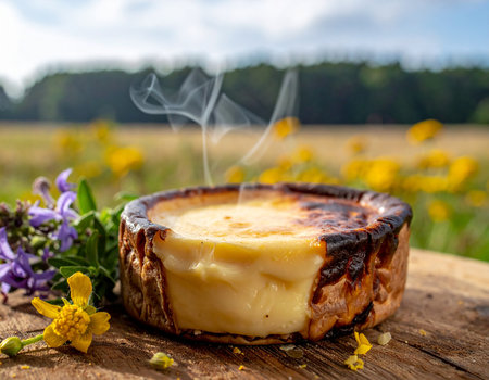 A round baked cheese with steam rising sits on a wooden surface, surrounded by wildflowers and greenery in an outdoor setting.の素材