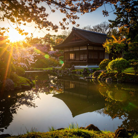 A Japanese garden house and pond with cherry blossoms illuminated by sunrise. Clear details and vibrant colors...の素材