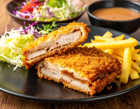 Salad showing cut breaded pork cutlet sandwich with sauce, fries, and salad on a plate keywords: sandwich, pork cutlet, breaded pork, crispy, fried,...の素材