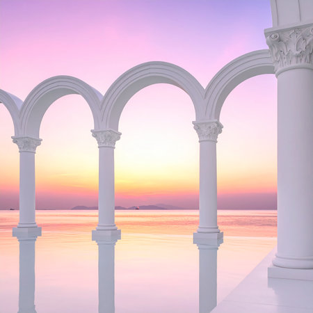 White classical arches and pillars reflect in the calm ocean water during a soft pastel sunset.の素材