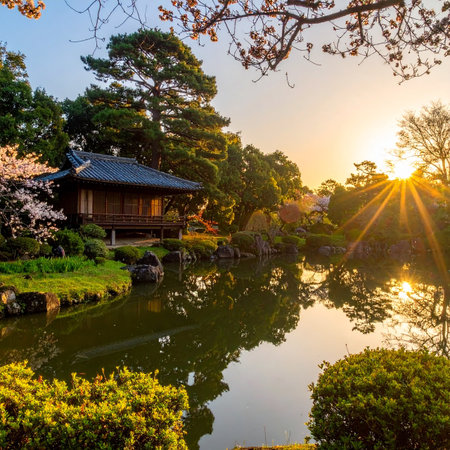A Japanese garden with a house and pond reflecting the golden sunset light. Clear details and vibrant colors e...の素材
