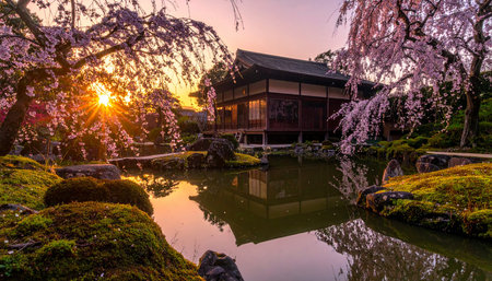 A serene Japanese garden with blooming cherry blossoms, a traditional house, and a reflective pond at sunsetの素材