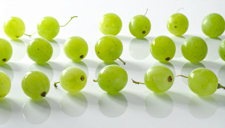 Glossy showing rows of fresh green gooseberries on a white reflective surface keywords: gooseberries, green gooseberries, fruit, fresh, healthy,...の素材