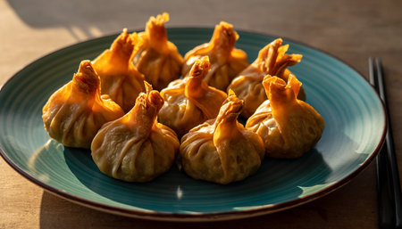 A teal plate holds a serving of golden fried dumplings, their tops artfully pinched, bathed in warm light, ready to be enjoyed.の素材