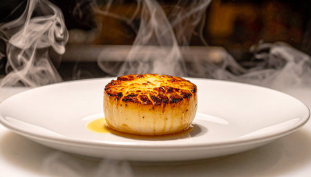A seared scallop sits on a white plate, emitting dramatic plumes of steam against a dark, moody background.の素材