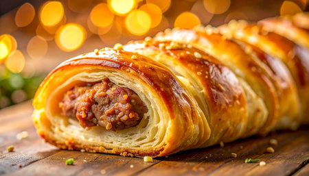 Close-up of a golden baked sausage roll with a savory filling, showcasing flaky pastry and a blurred background of festive bokeh lights.の素材