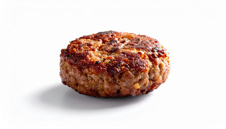A single, round, fried burger patty with a textured, seared surface and visible spices, isolated on a white background with a soft shadow.の素材
