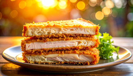 Culinary showing stacked katsu sandwich with golden fried cutlets and fresh lettuce on a plate keywords: katsu sandwich, fried pork cutlet, stacked,...の素材