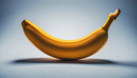 A single, bright yellow banana with its stem is presented against a gradient blue background, casting a subtle shadow.の素材
