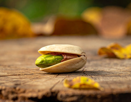 A single pistachio nut with its shell partially open revealing a vibrant green kernel rests on a weathered wooden surface with blurred autumn leaves.の素材