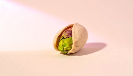 A single pistachio nut with its shell open to reveal a green kernel is placed on a pastel surface, illuminated by soft light rays casting a gentle...の素材