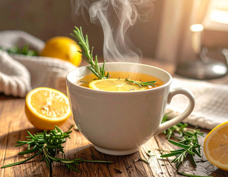 Wellness showing white ceramic cup of hot rosemary lemon tea with lemons and rosemary keywords: hot tea, lemon tea, rosemary tea, herbal tea,...の素材