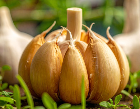 Surrounded showing a whole garlic bulb with a thick stem surrounded by green plants keywords: garlic, bulb, stem, whole, food, ingredient, cooking,...の素材